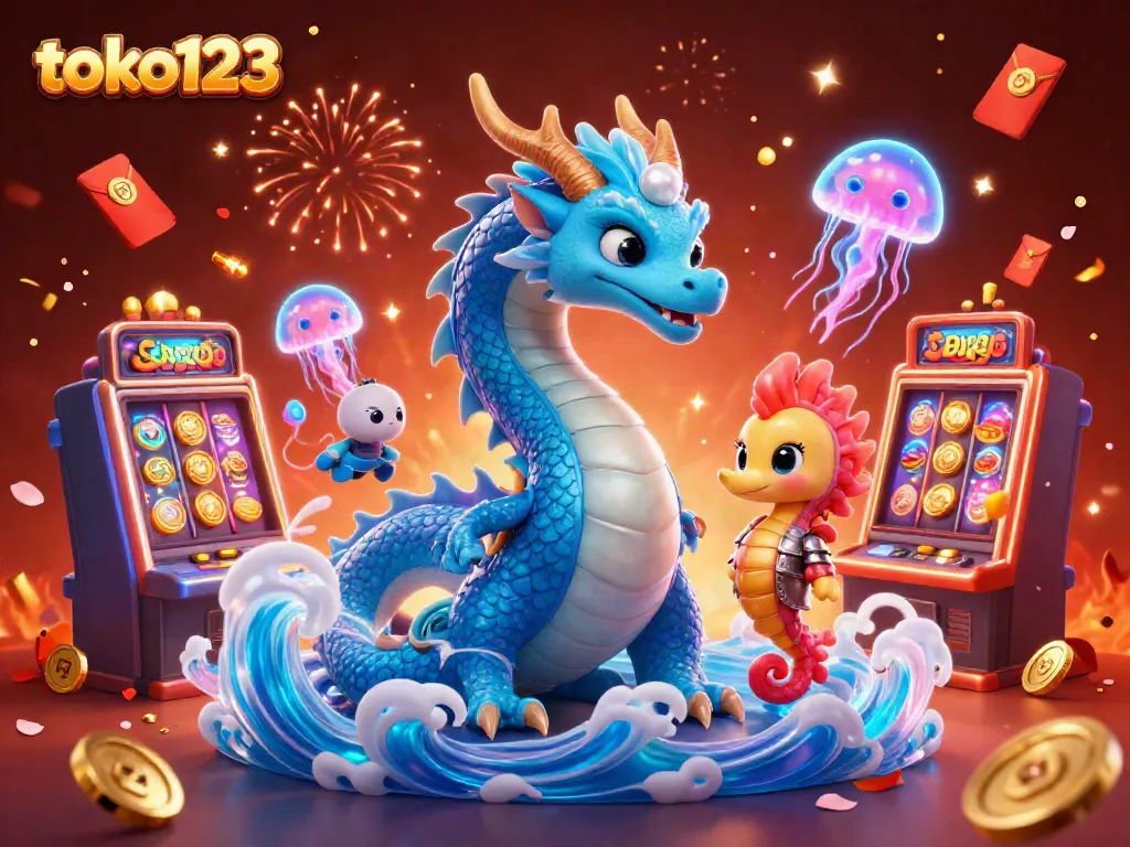 Experience the excitement of toko123 with vibrant slot machines and fantastical characters in a dynamic casino scene.