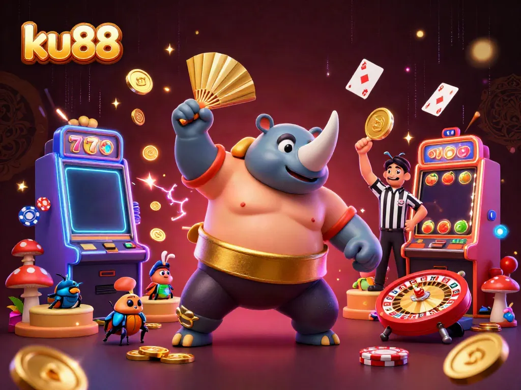 Experience high-energy gaming with ku88 featuring a sumo champion beetle amidst vibrant casino elements.