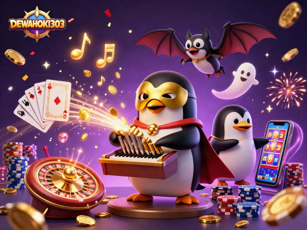 Dewahoki303 mempersembahkan aksi penguin opera permainan kasino dengan koin emas dan simbol jackpot
