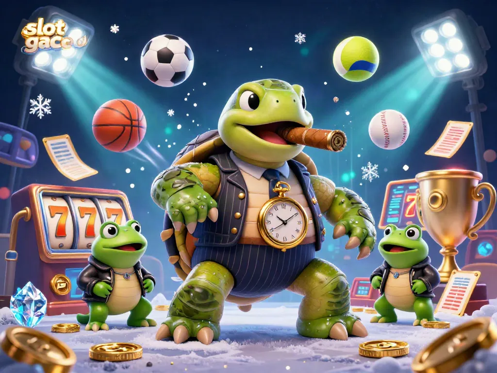 Witness the vibrant slot gacor casino scene featuring a turtle mobster and bullfrog enforcers amid dynamic gaming elements.
