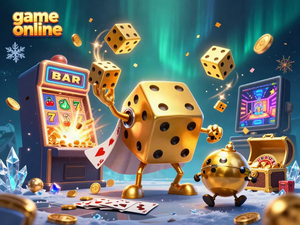 Engage with game online features in a vibrant scene of a dice golem and slot machine bursting with winnings.