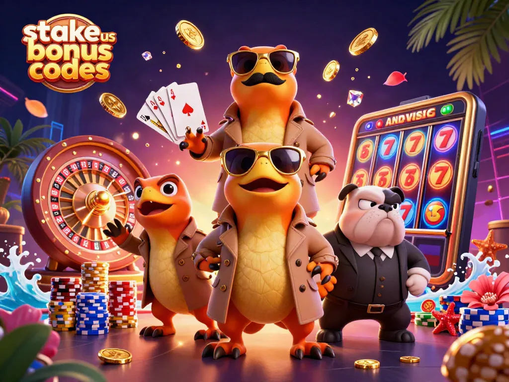 Engage with exciting stake us bonus codes at a vibrant casino, featuring playful raptors and gaming elements.