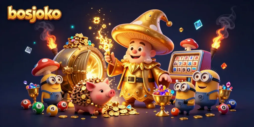 Win big with bosjoko in this vibrant lottery scene featuring a magical mushroom wizard.