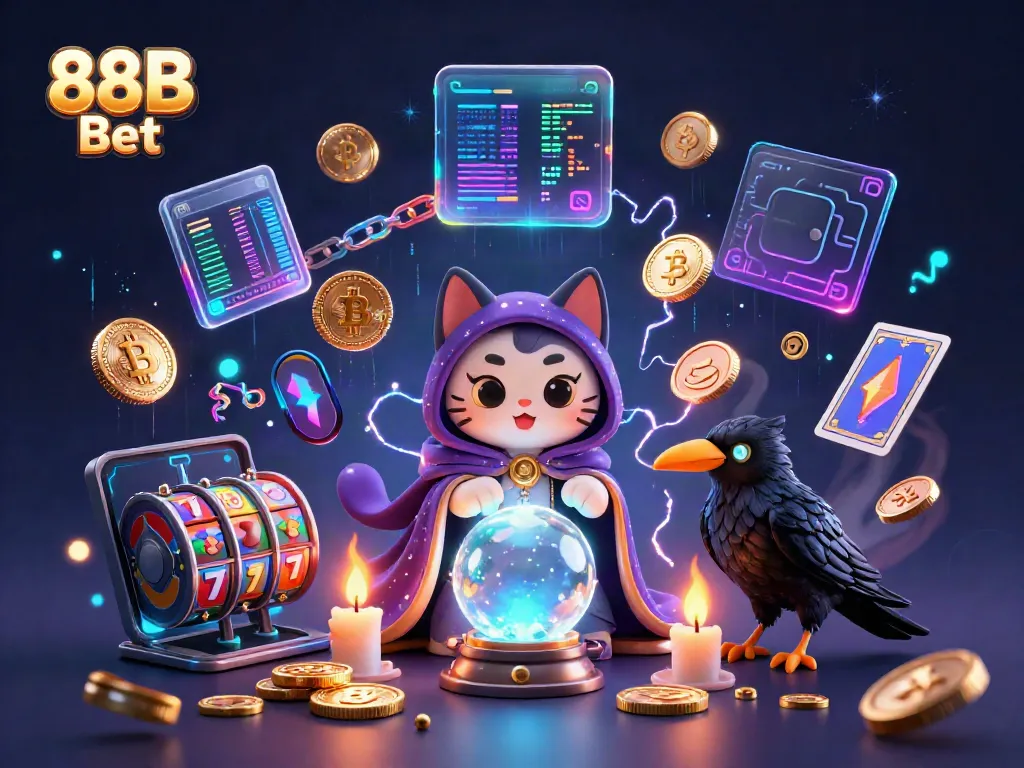 Engage with 88B Bet in a colorful casino illustration featuring a cosmic cat, tarot raven, and casino elements.