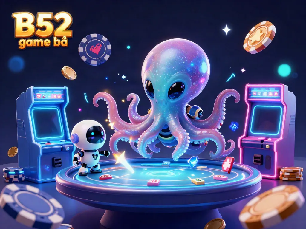 B52 game bài showcases an alien octopus dealing at a holographic poker table with dazzling arcade elements.
