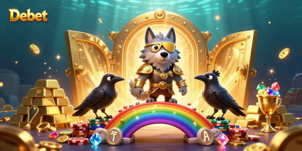 Experience thrilling gaming adventures with Debet, featuring a Norse wolf and dazzling casino treasures.