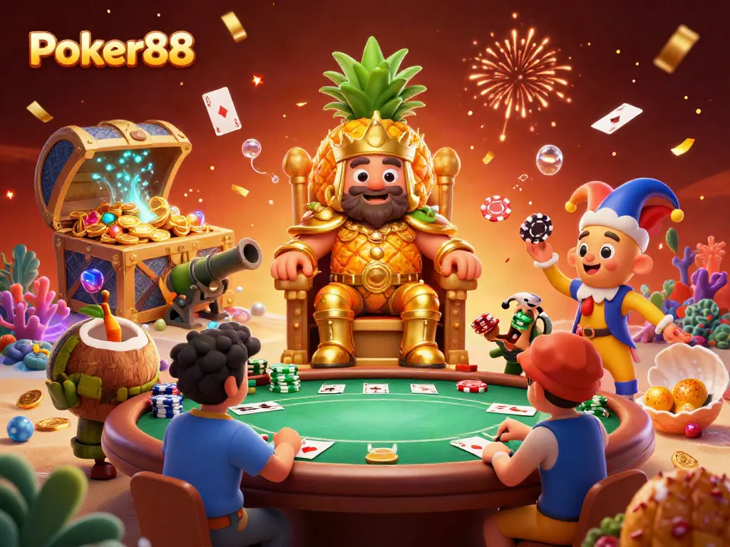 Experience Poker88 at a vibrant beach casino with a pineapple king, interactive players, and lively elements.