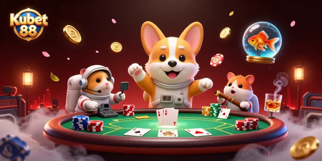 Kubet 88: Engage with the immersive space casino scene featuring a floating corgi and dynamic gaming elements.