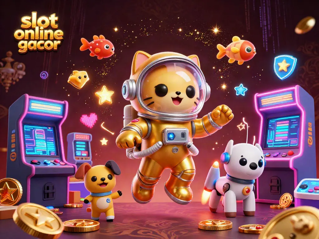 Engage with slot online gacor as a cartoon cat astronaut and robot dog enjoy arcade-inspired casino elements.