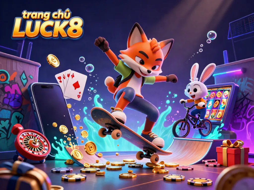 Engage with the excitement at trang chủ LUCK8, featuring vibrant casino elements in a 3D vibrant scene.