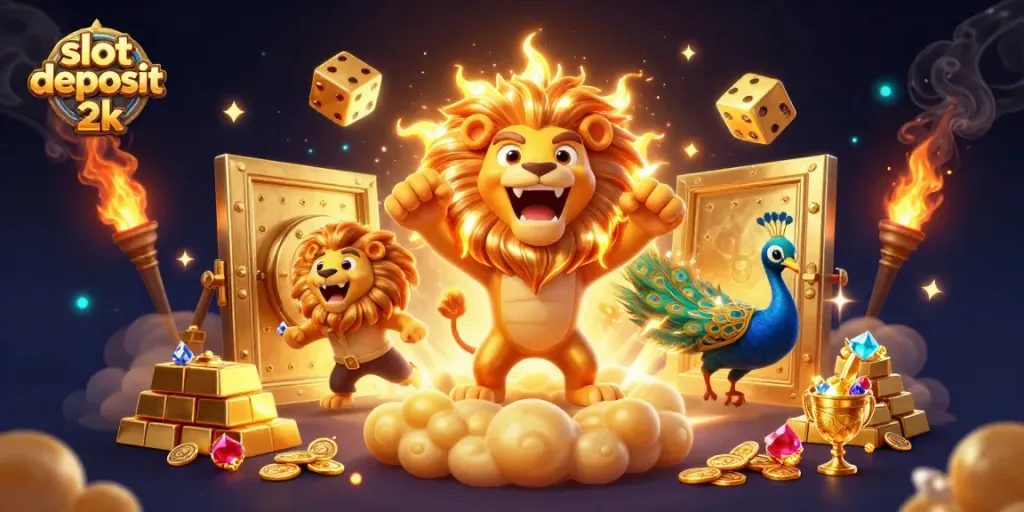 Engage with slot deposit 2k as a cartoon sun lion and golden dice animate amidst treasure.