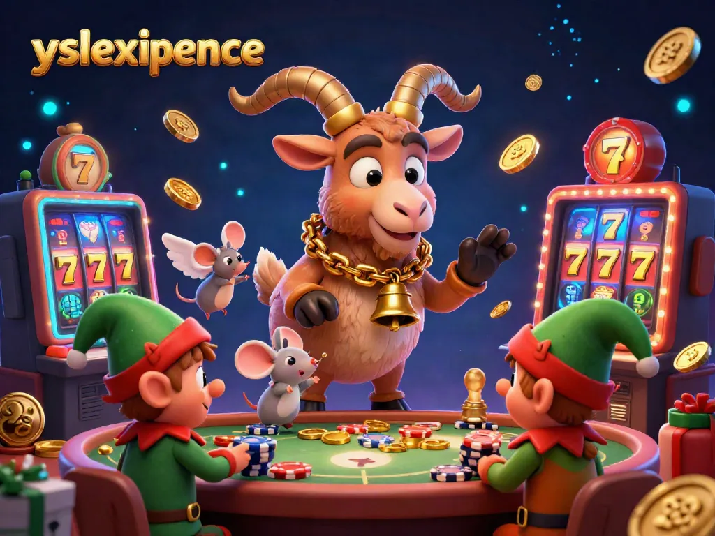Engage with the yslexperience as a lively Krampus goat oversees a holiday-horror casino, surrounded by playful gremlins and festive chaos.