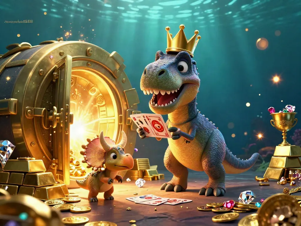 Menangkan permainan di dewataslot888 dengan ilustrasi 3D lucu dari dinosaurus dan chip emas.