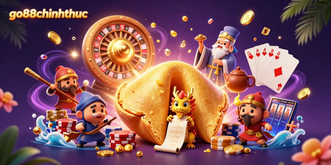 Engage in winning strategies with go88chinhthuc within a vibrant casino scene filled with fortune cookies and riches.