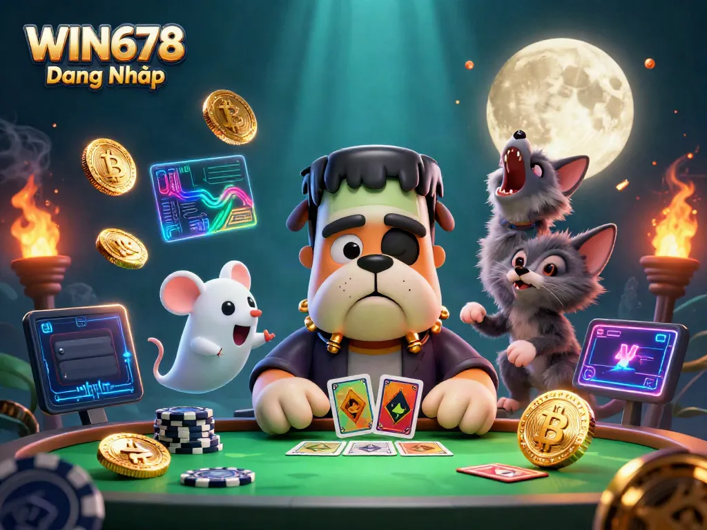 Experience the thrill of games at WIN678 Đăng Nhập with Frankenstein bulldog dealer and ghostly elements.
