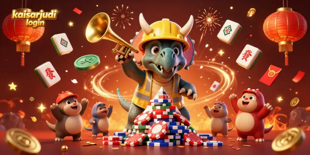 Engage with kaisarjudi login in a festive 3D casino scene featuring dynamic characters and vibrant elements.