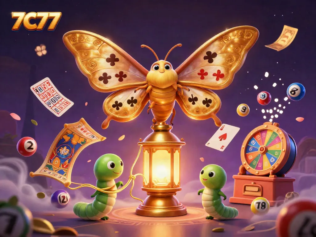 Engage with 7C77's vibrant casino experience featuring golden moths and lively lottery elements.
