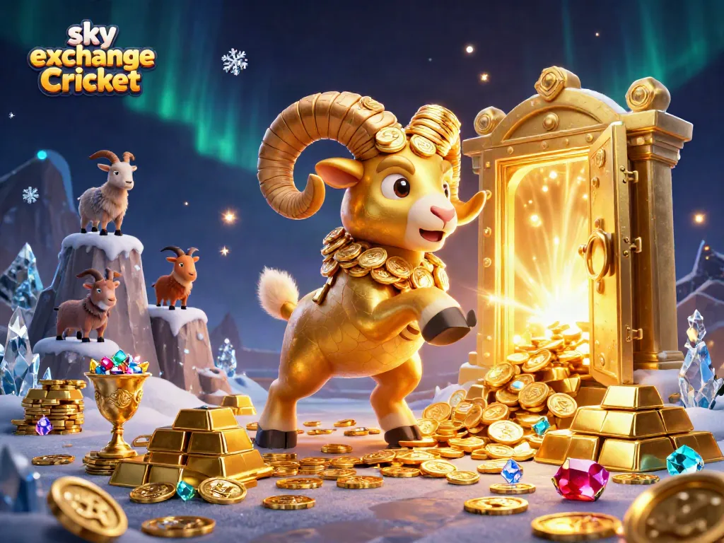 Exciting scene of sky exchange Cricket with golden ram charging at a treasure vault filled with riches.