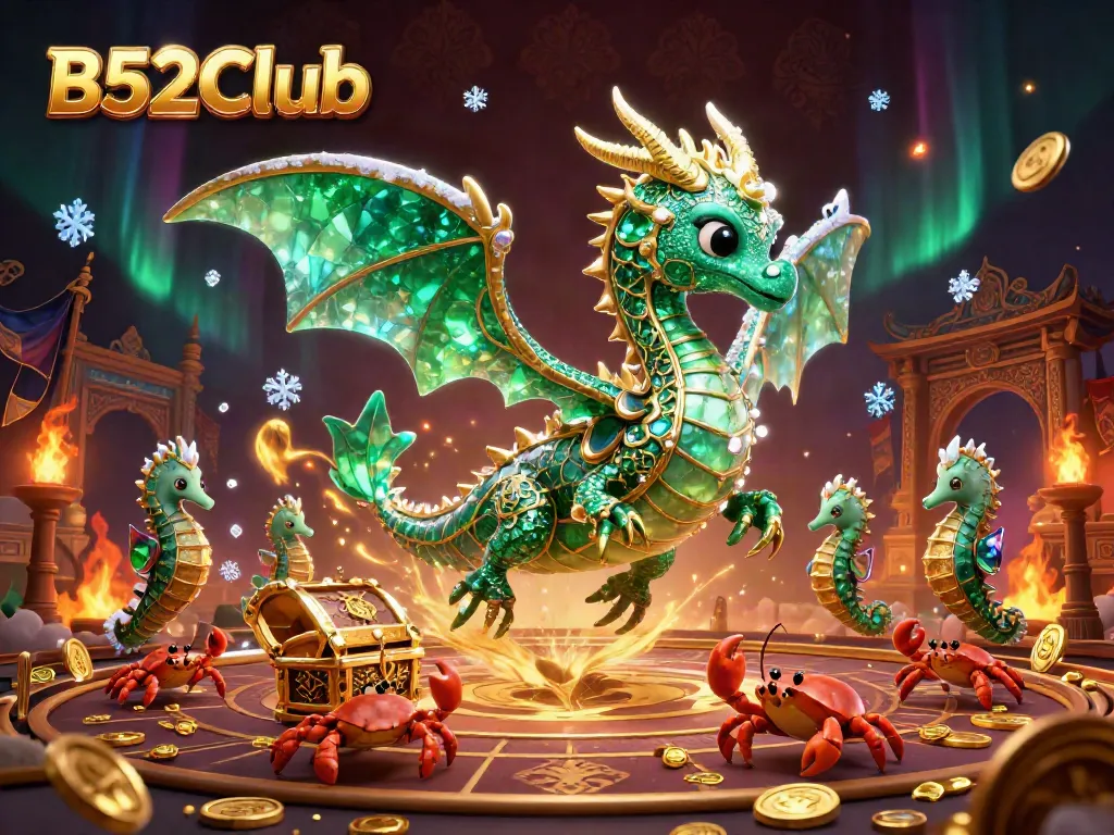 Join the excitement at B52Club with a majestic sea dragon and mystical treasures in a vibrant casino scene.