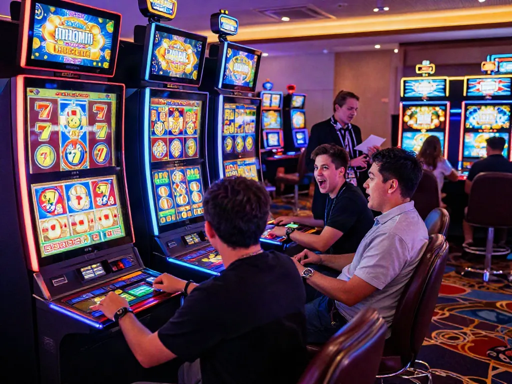 Lucky777 casino scene with players excitedly engaging at slot machines, vibrant neon lights illuminating the immersive environment.