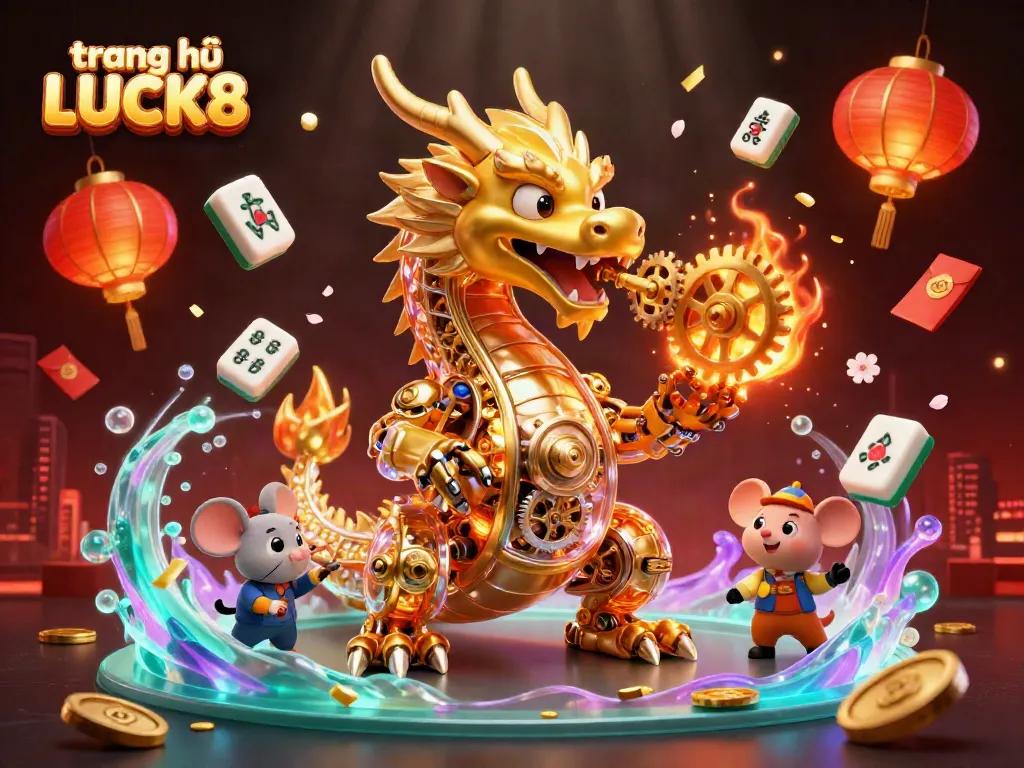 Experience action on the trang chủ LUCK8 with a vibrant dragon and playful engineer within a dynamic casino scene.