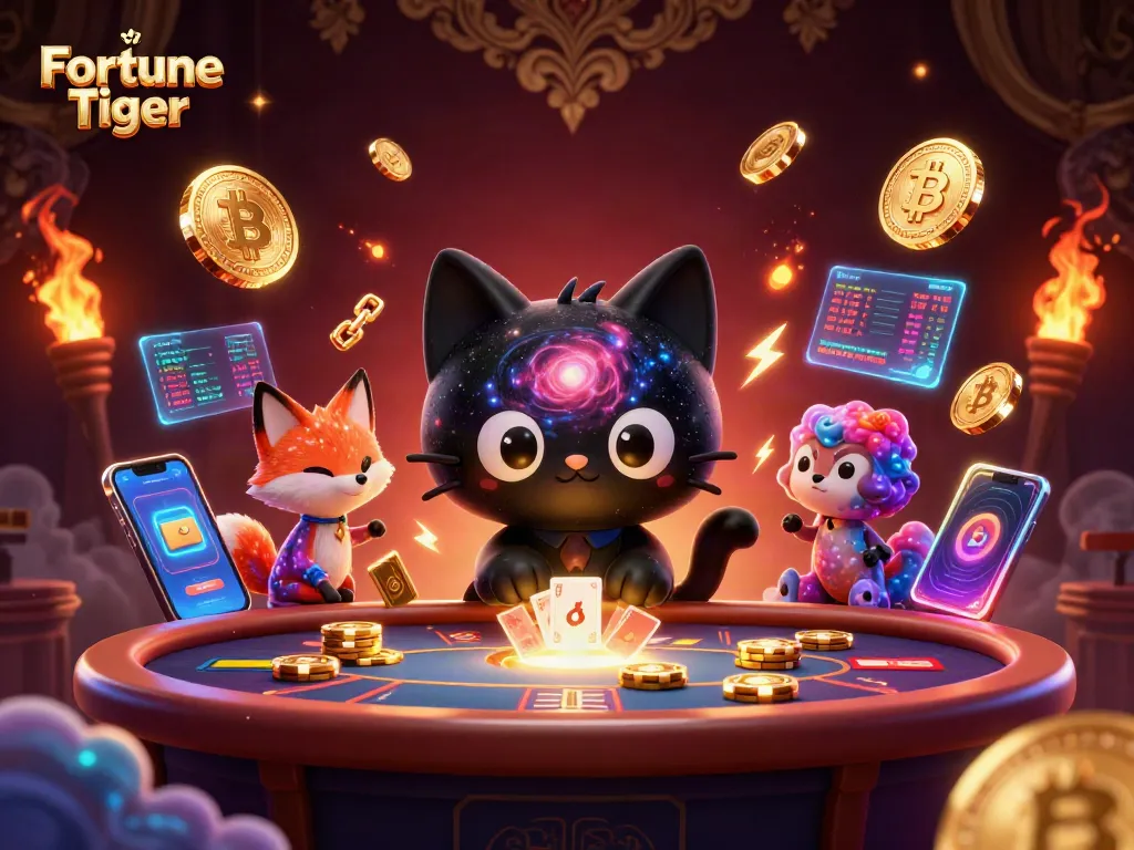 Spin to win with Fortune Tiger at a vibrant cosmic casino table, featuring winning characters and crypto elements.