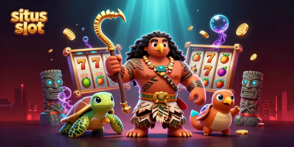 Spin the lucky reels at situs slot with a demigod and a turtle, surrounded by vibrant casino elements.