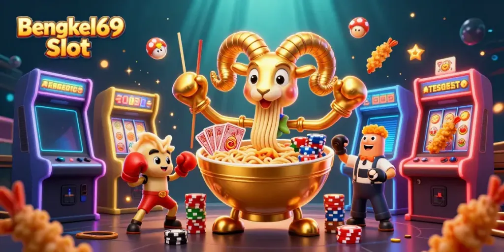 Experience thrilling action with Bengkel69 Slot, showcasing vibrant characters, slot reels, and dynamic casino elements.