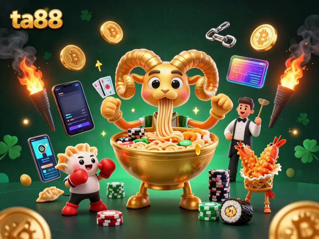 Engage with ta88's vibrant casino scene featuring animated characters and crypto elements.