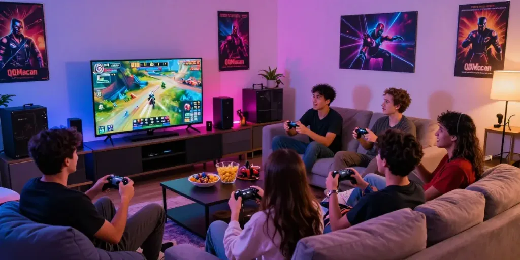Engaged gamers enjoying QQMacan video game in a lively setting with vibrant decor.