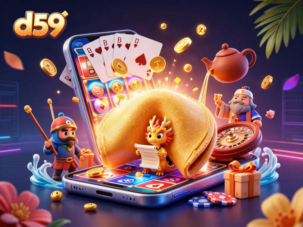 Engage in thrilling gameplay with d59's vibrant 3D casino illustration featuring dynamic slot elements.