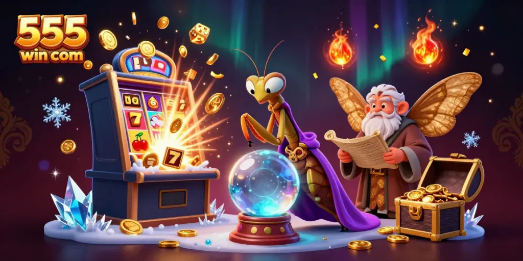 Engage with the excitement of 555win com through dynamic illustrations of casino elements and captivating characters.