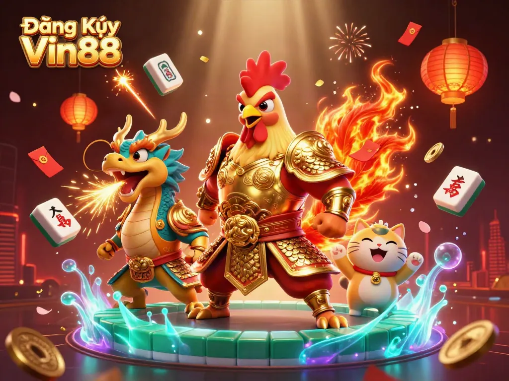 Join the action with Đăng Ký Vin88, featuring a rooster warrior and dragon in a vibrant casino scene.
