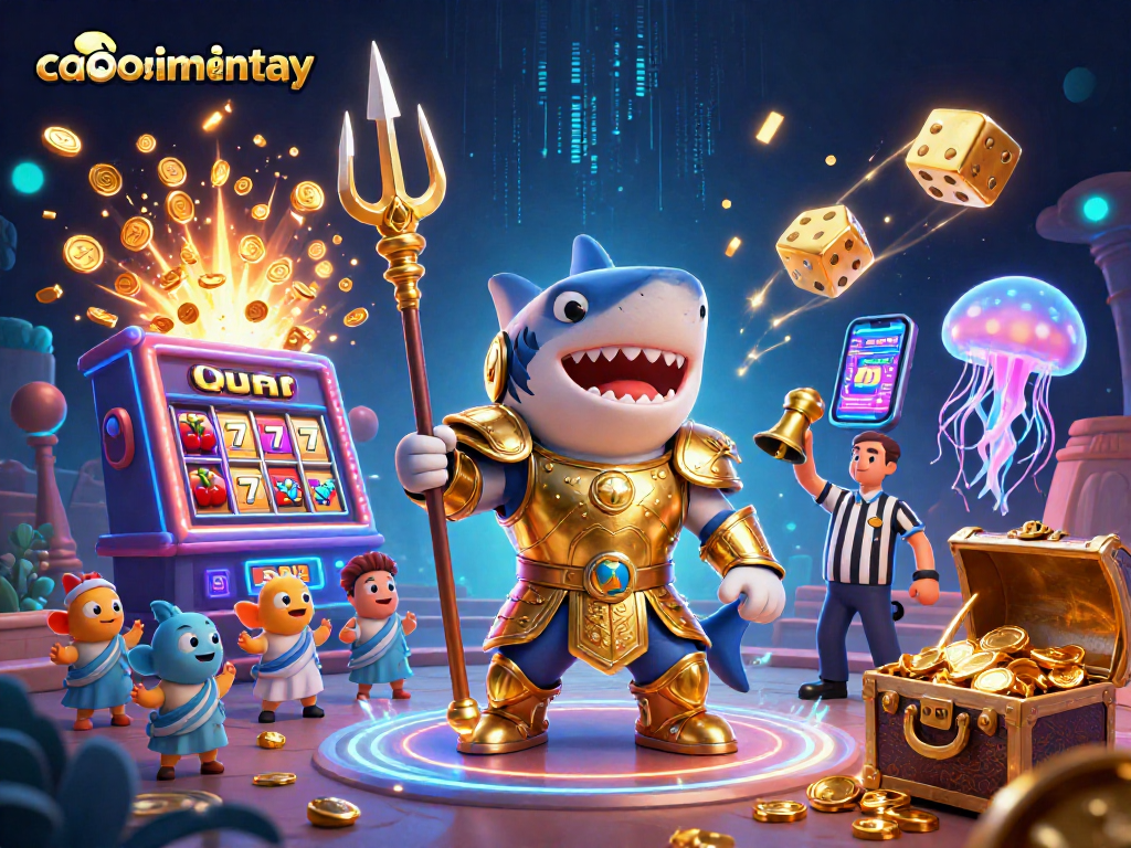 Experience thrilling slots and jackpots with caoboimientay's vibrant underwater casino scene featuring a golden shark gladiator.