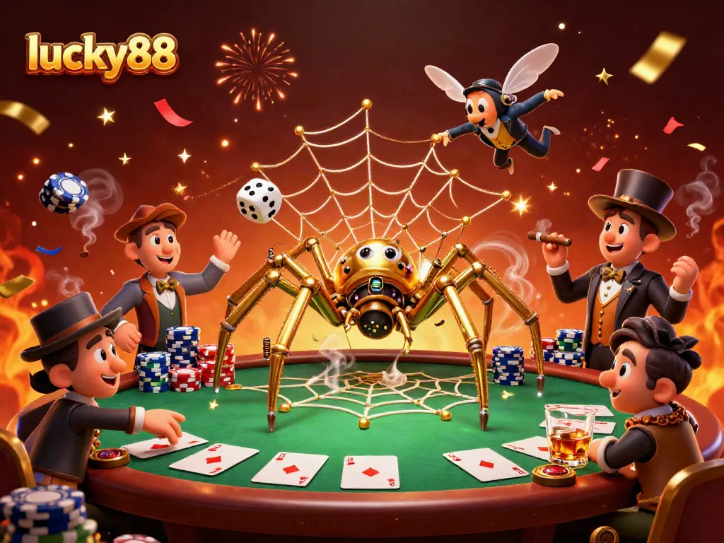 Experience thrilling gameplay at lucky88 with colorful poker chips and a playful steampunk spider.