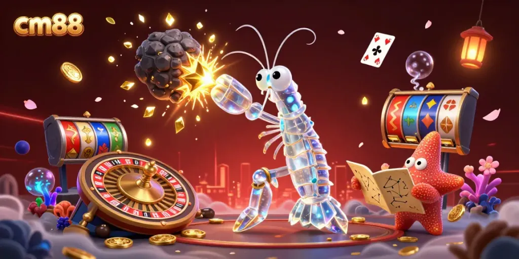 Experience the thrill of cm88 with a dynamic 3D scene featuring a galactic samurai and vibrant casino elements.