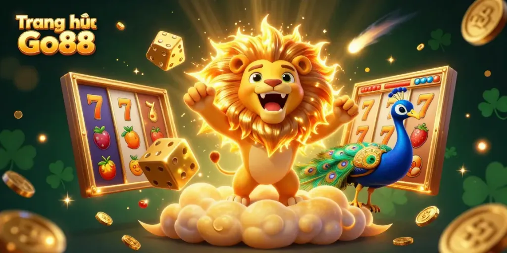 Experience the vibrant scene of Trang chủ Go88 with a roaring lion and dynamic slot game elements.