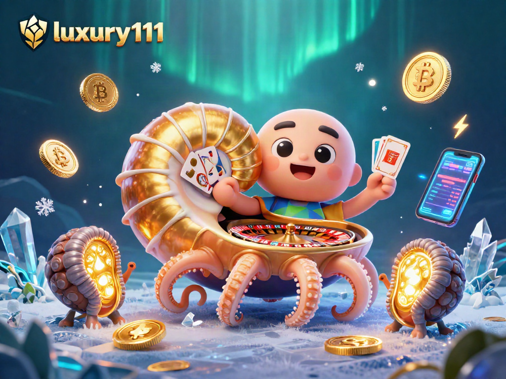 Engage in luxury111's thrilling casino adventure with a vibrant 3D nautilus and glowing crypto elements.