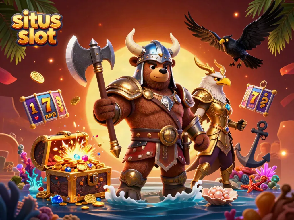Permainan situs slot dengan karakter beruang Viking dan elang Valkyrie di tengah koin emas yang berkilauan.