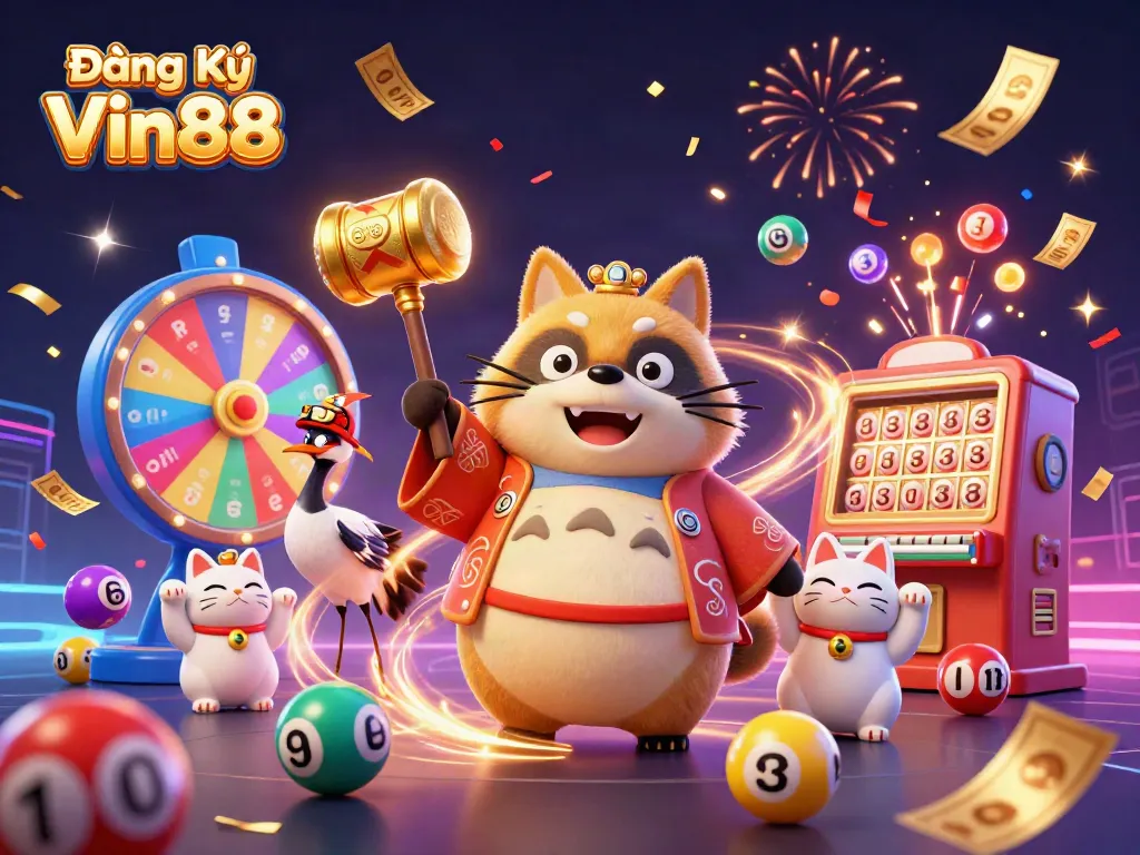Engage in fun and dynamic gaming experiences with Đăng Ký Vin88 featuring colorful elements, lucky symbols, and festive characters.