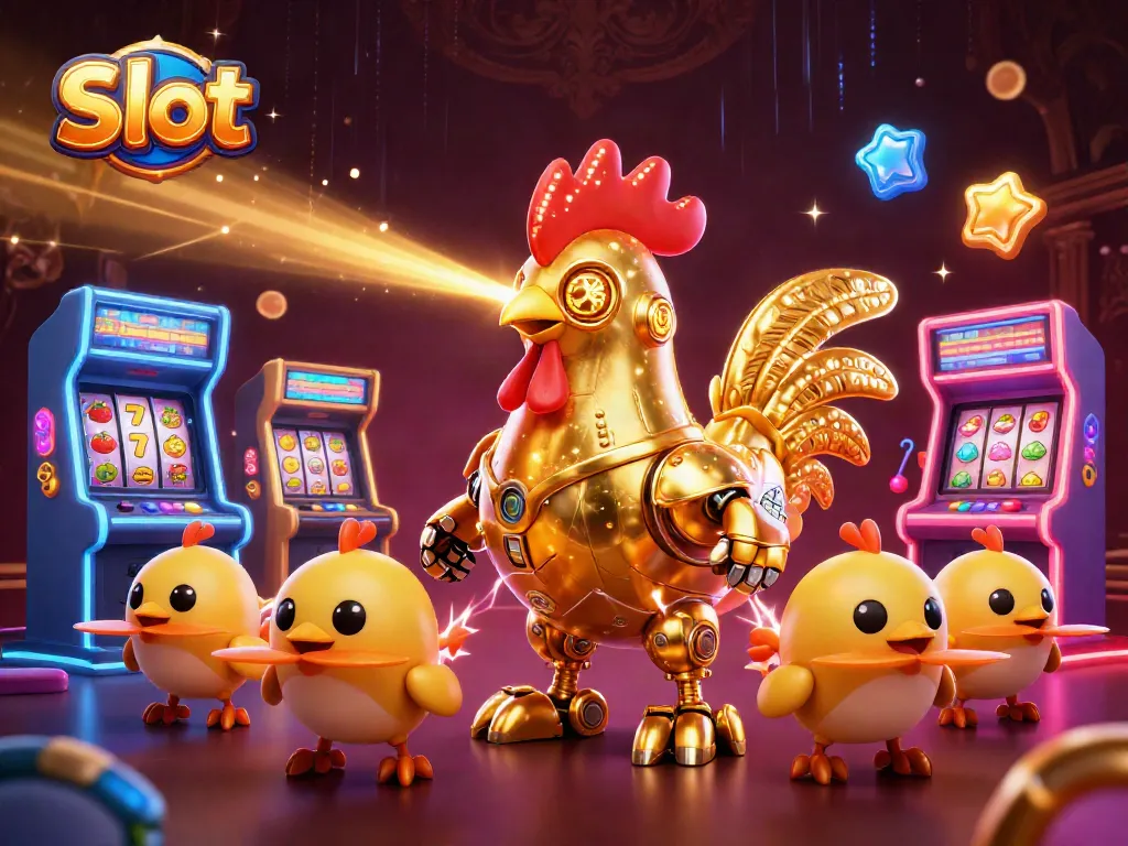 Spin the Slot with vibrant robots and arcade machines in this dynamic casino illustration.