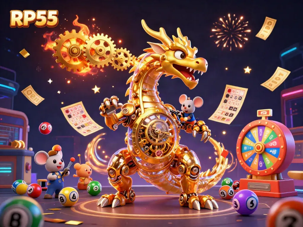 RP55 showcases an energetic golden dragon scene with dynamic lottery elements, perfect for casino enthusiasts.