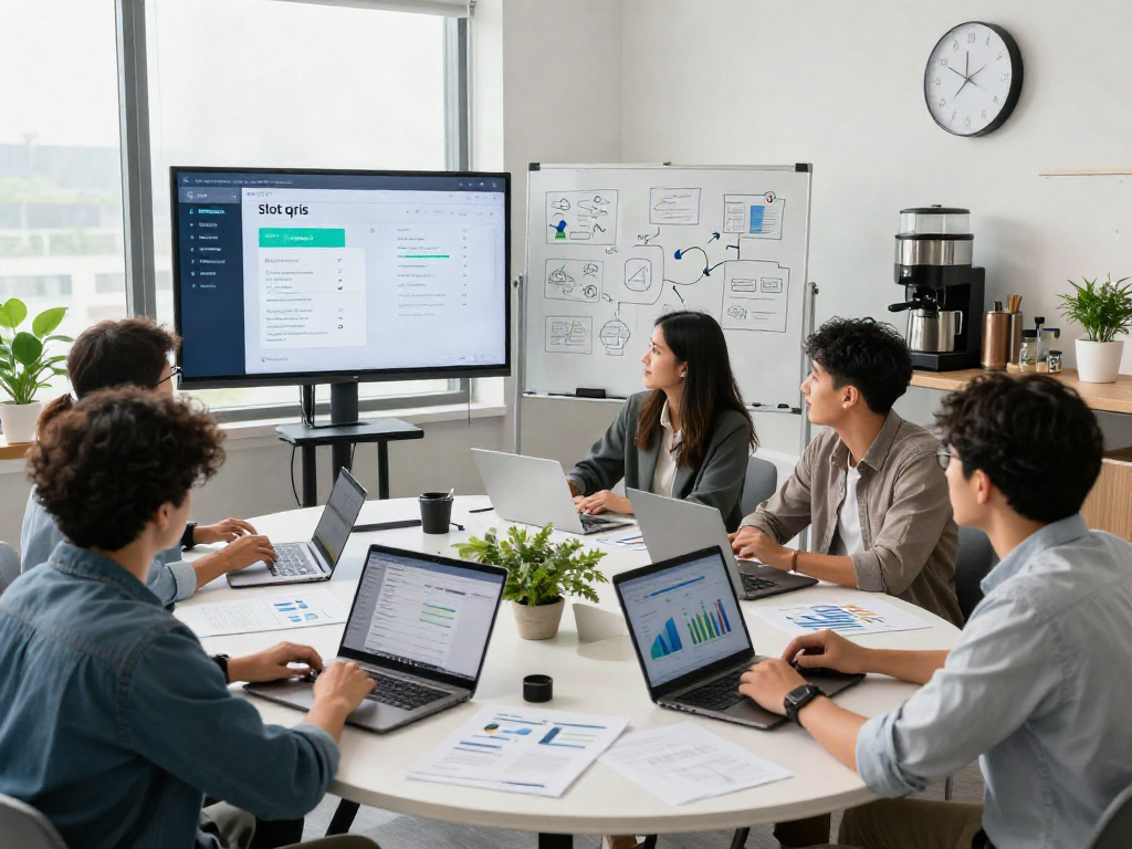 Team collaborating on slot qris payment solutions in a modern fintech office.