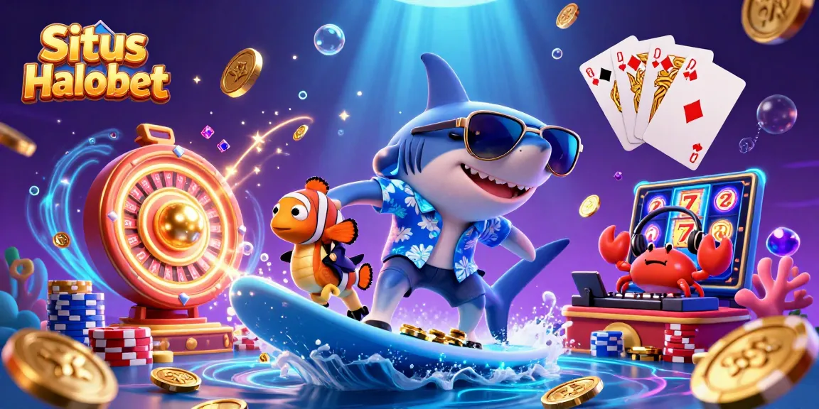 Situs Halobet showcases a 3D shark surfing on gold coins amidst casino elements, inviting players to win big.