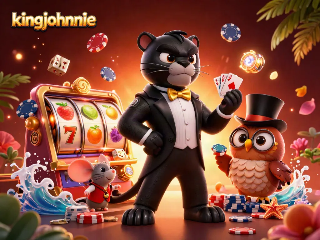 Experience the excitement at kingjohnnie with a stylish black panther dealer at a vibrant casino scene.