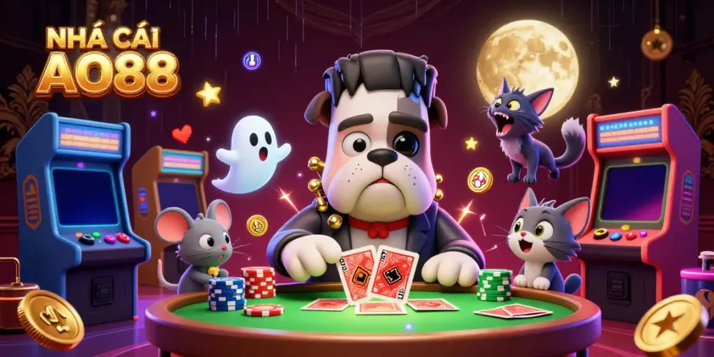 Engaging scene of NHÀ CÁI AO88 where a bulldog monster deals cards at a casino, surrounded by vibrant game elements.