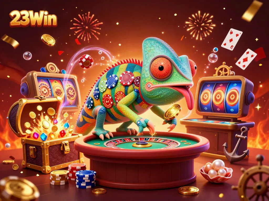 Experience thrilling wins with 23Win in this vibrant 3D casino scene featuring slots, chameleon, and treasure!