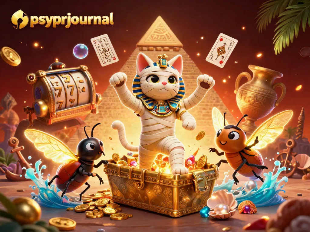 Menjelajahi keuntungan dengan psyprjournal di kasino bertema Mesir, menampilkan kucing mumi dan elemen permainan.