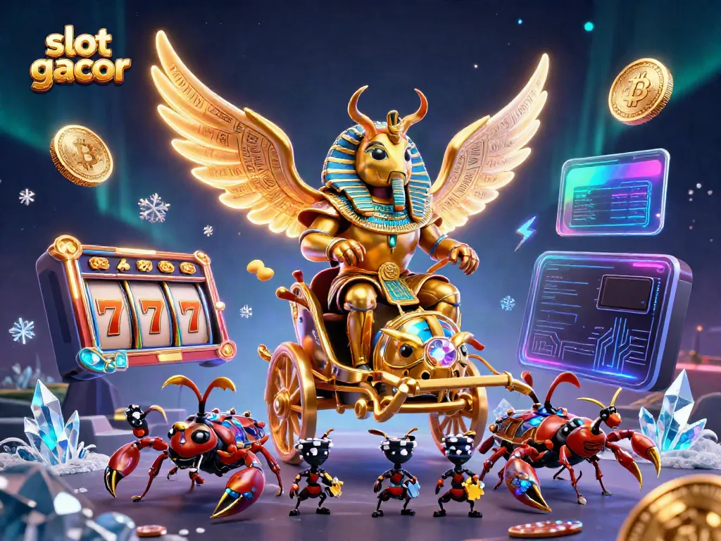 Experience exhilarating slot gacor action with a vibrant 3D gambling scene featuring a golden scarab and jackpot symbols.