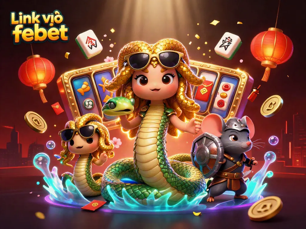 Win big prizes with Link vào febet in this vibrant 3D casino scene featuring Medusa and a warrior mouse.